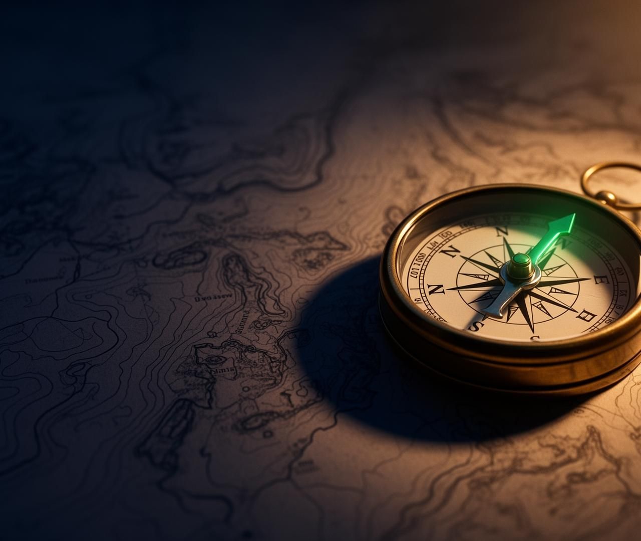 A polished antique brass compass with an emerald needle resting on a softly out-of-focus topographic map