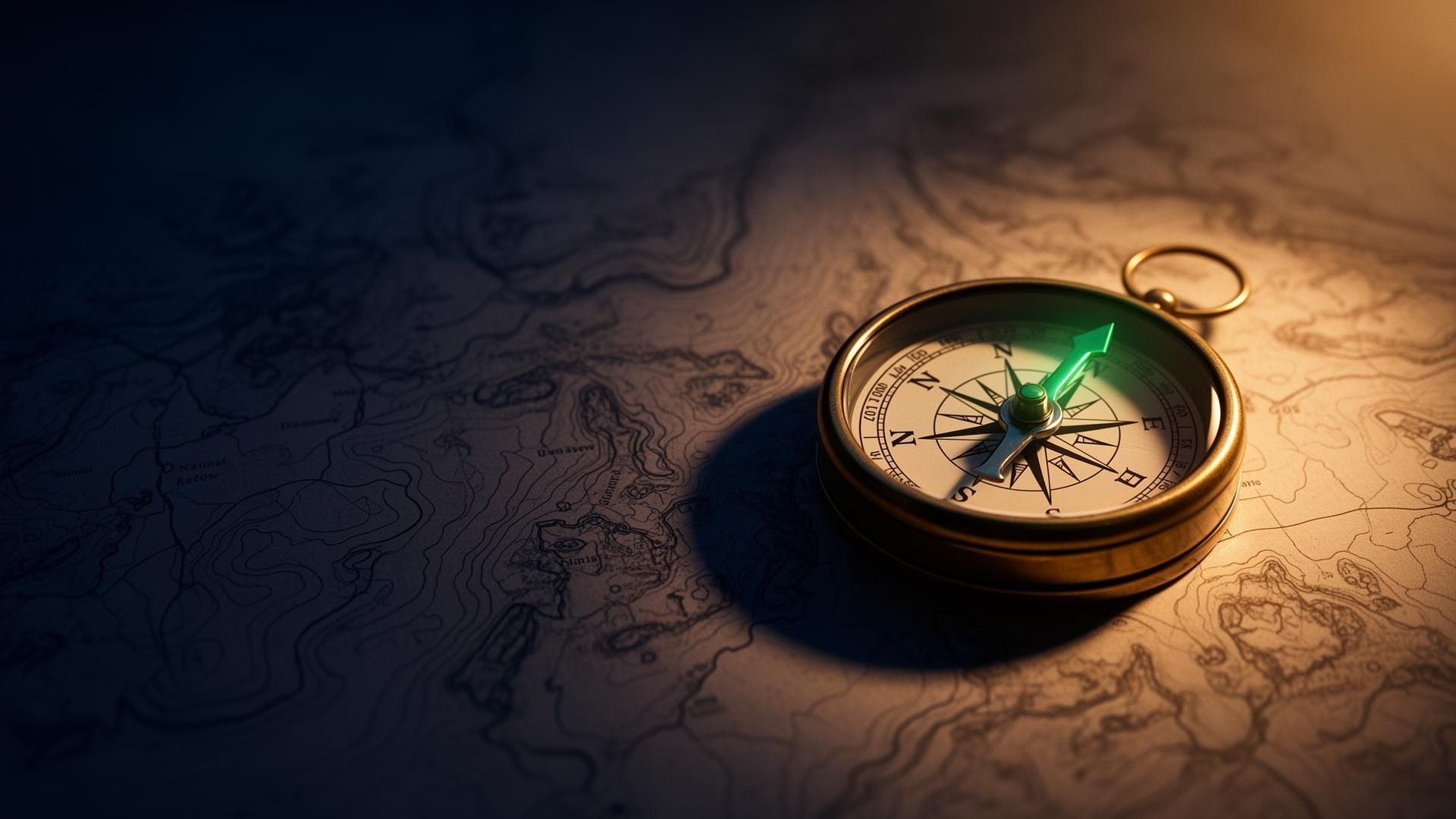 A polished antique brass compass with an emerald needle resting on a softly out-of-focus topographic map