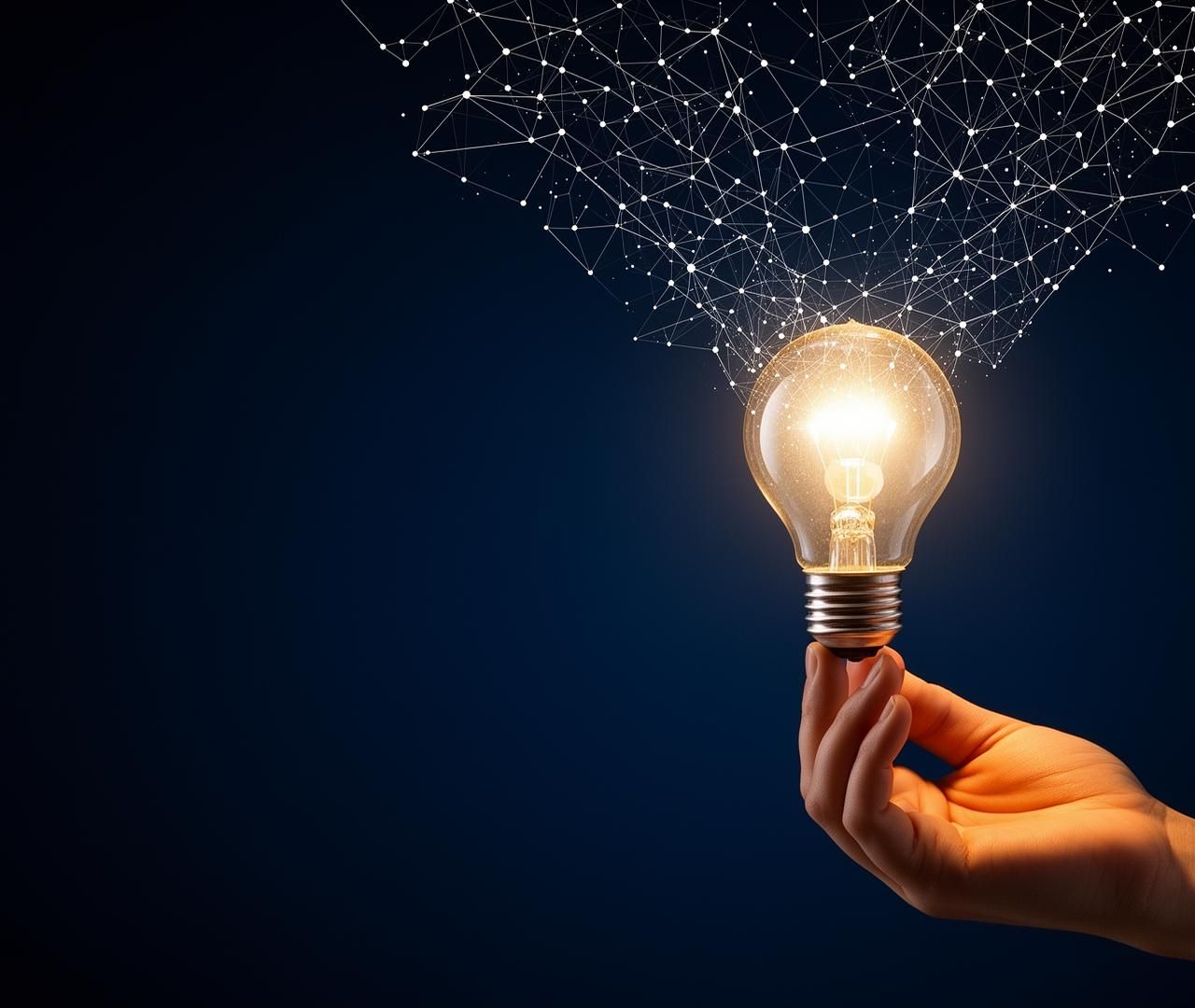 A glowing lightbulb on a fingertip with a constellation of connected dots fanning into a deep navy sky