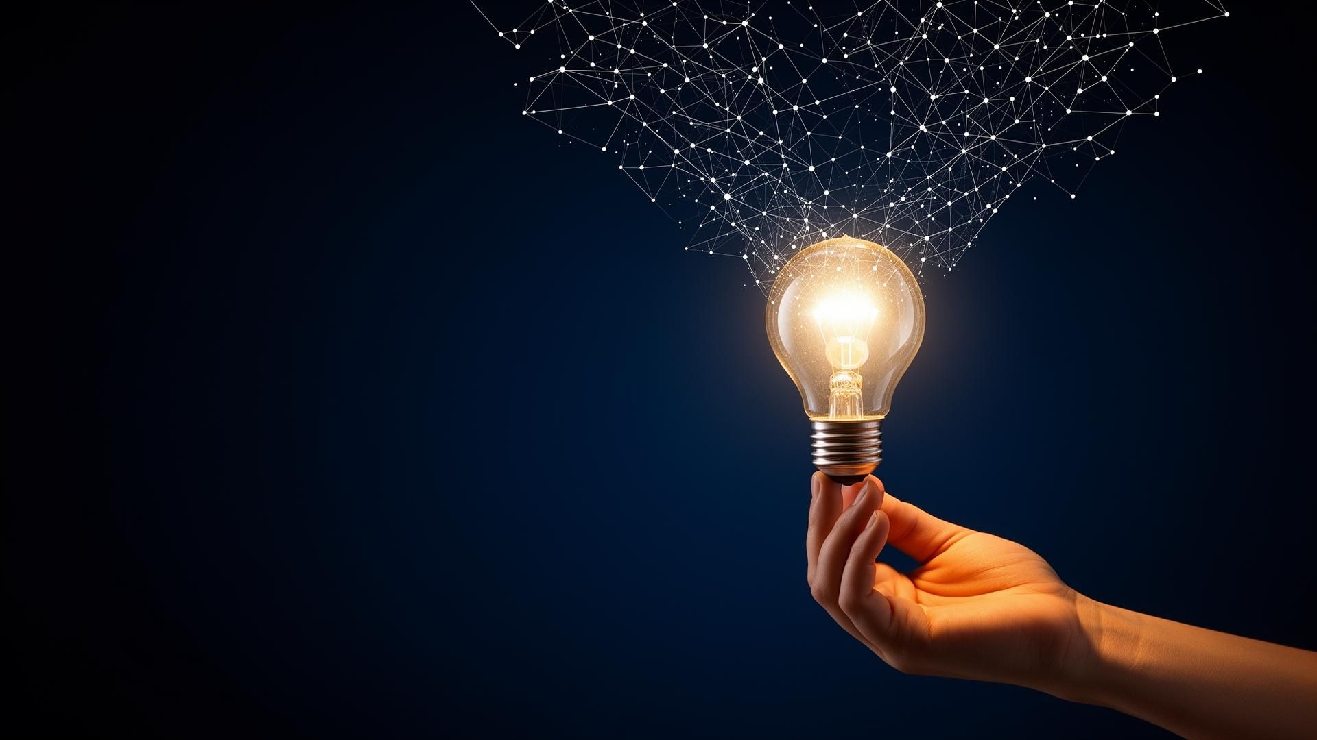 A glowing lightbulb on a fingertip with a constellation of connected dots fanning into a deep navy sky
