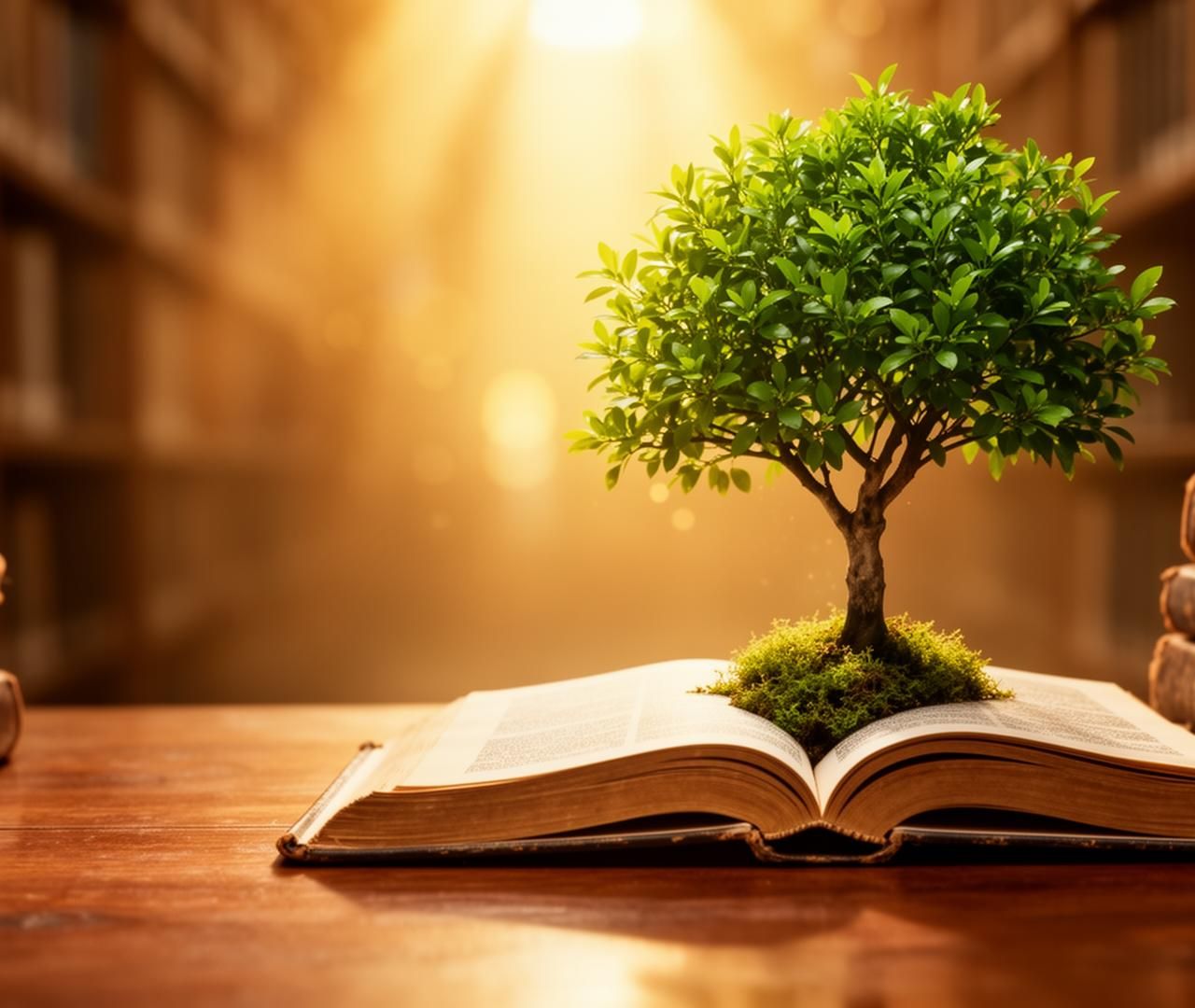 An open book on a wooden library table with a small lush tree growing magically from its pages in warm light