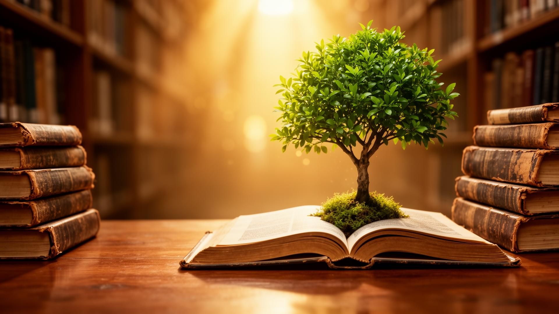 An open book on a wooden library table with a small lush tree growing magically from its pages in warm light