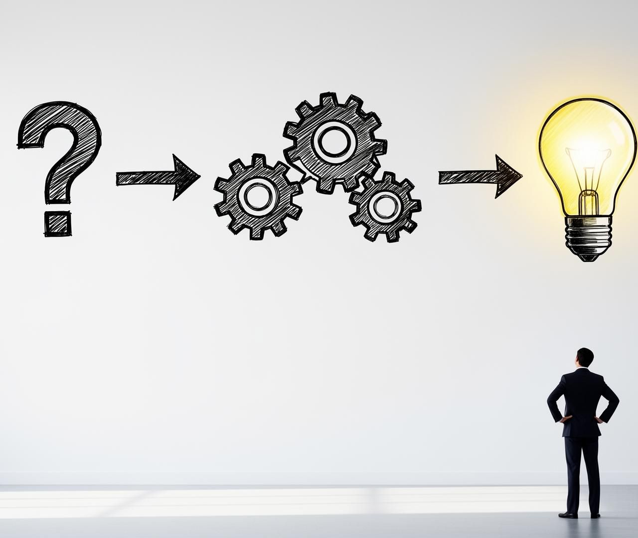 Sketched icons of a question mark, gears, and a glowing lightbulb on a clean white wall with a small suited figure looking up