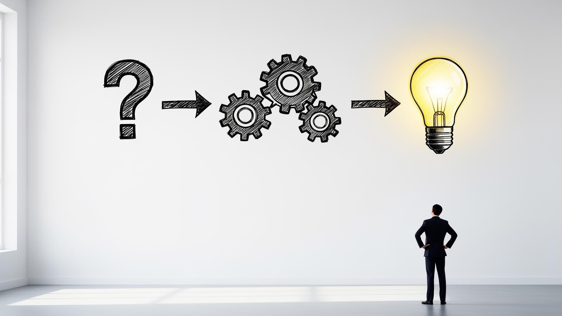 Sketched icons of a question mark, gears, and a glowing lightbulb on a clean white wall with a small suited figure looking up