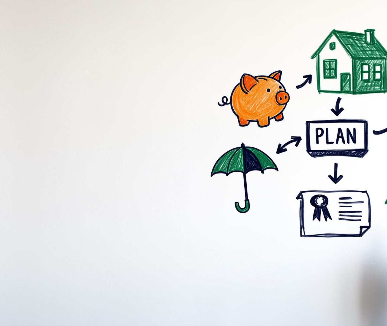 Hand-drawn retirement planning doodles — piggy bank, house, plan box, umbrella, pension — on a white wall with a small suited figure looking on
