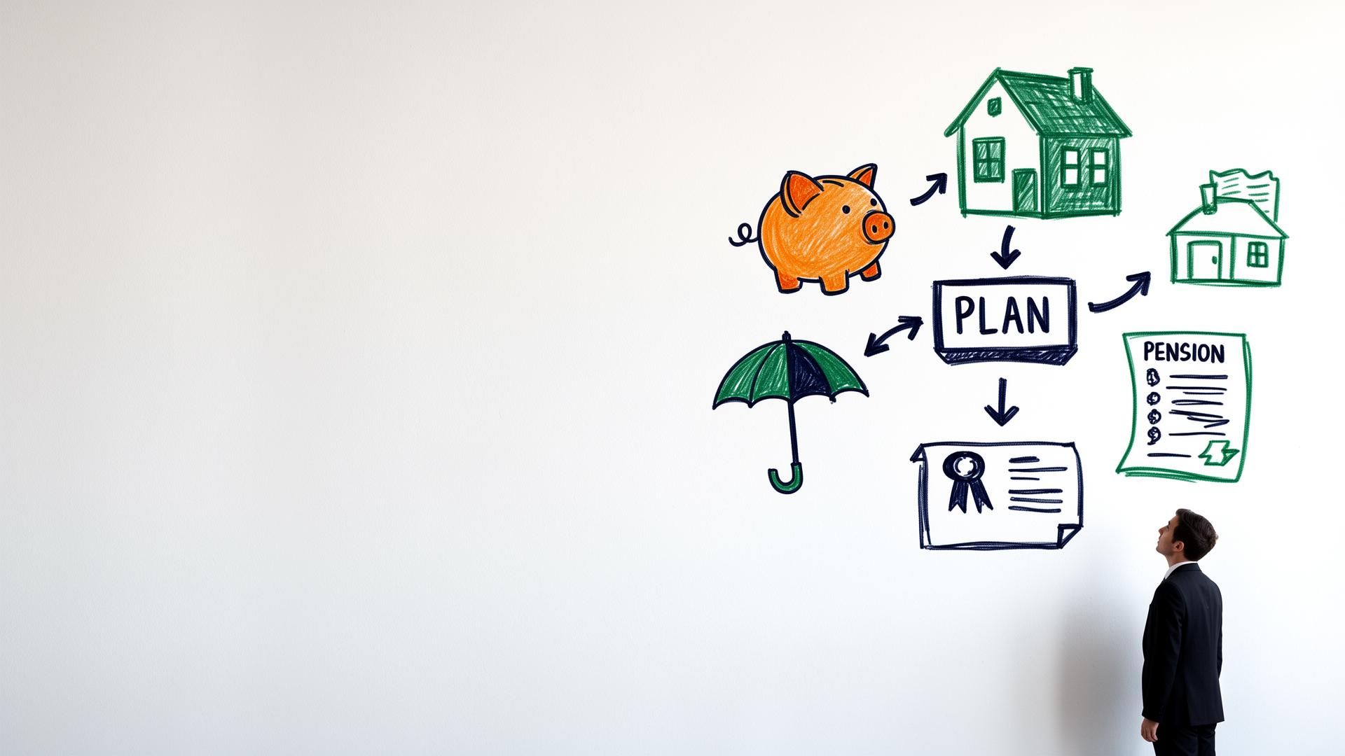 Hand-drawn retirement planning doodles — piggy bank, house, plan box, umbrella, pension — on a white wall with a small suited figure looking on
