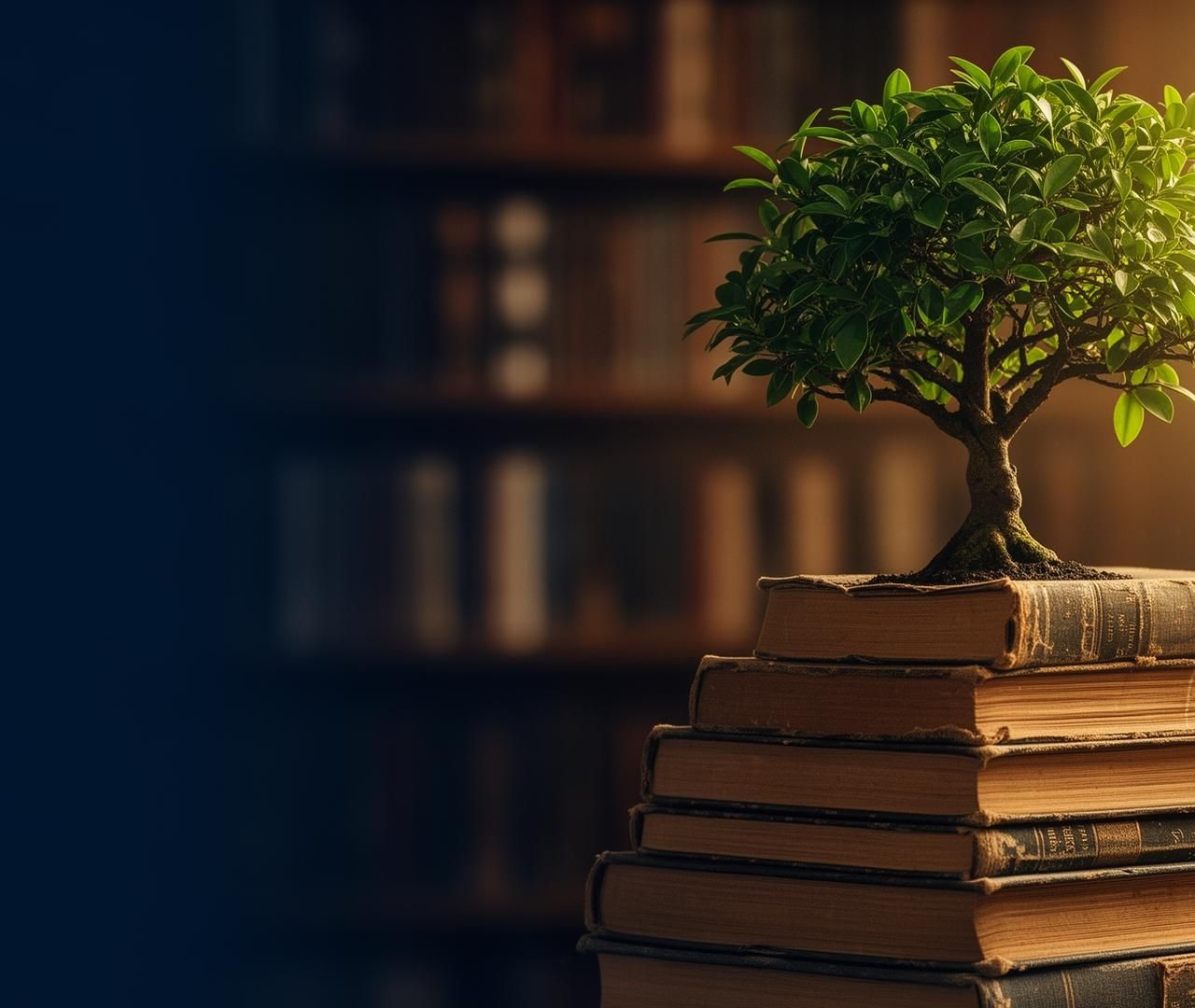 A small green bonsai tree growing from a tall stack of weathered books in a warm library