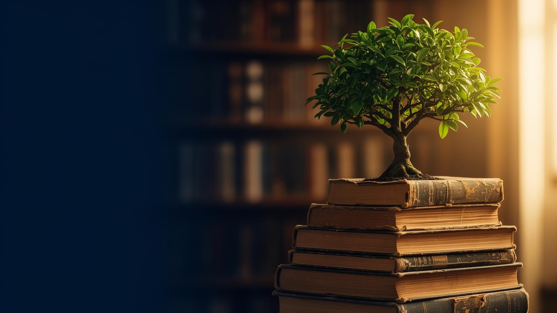 A small green bonsai tree growing from a tall stack of weathered books in a warm library