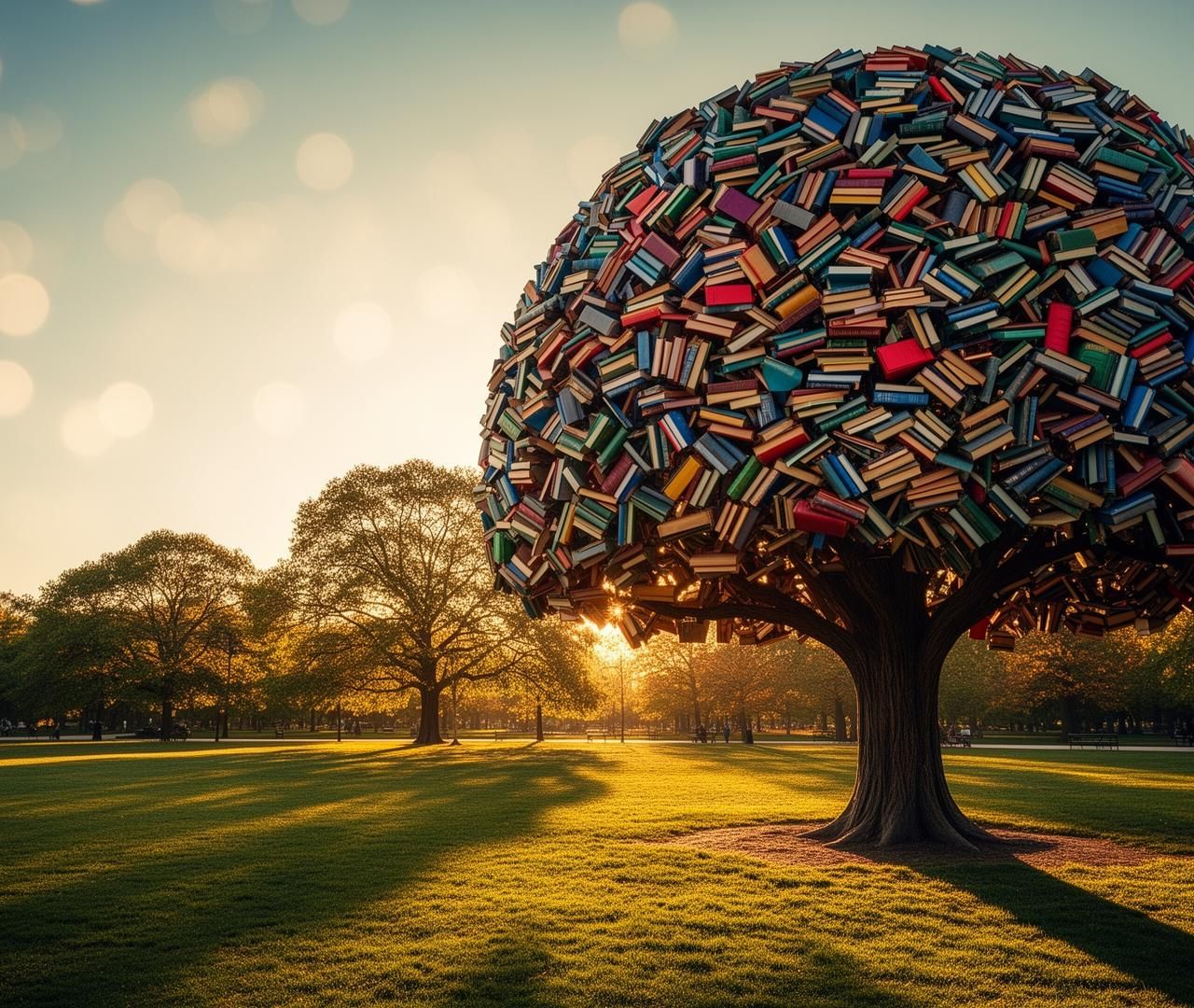 A sculptural park tree whose canopy is made entirely of stacked colorful books at golden hour