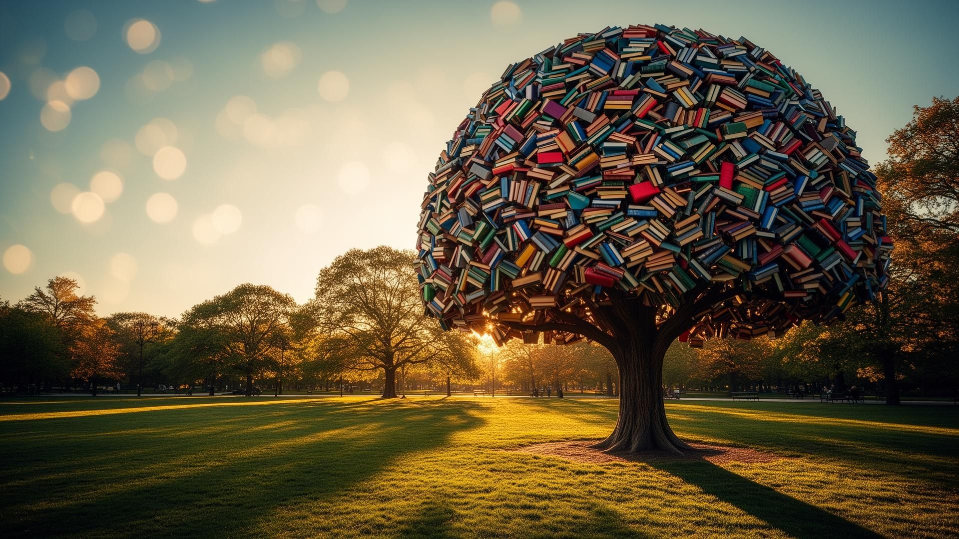 A sculptural park tree whose canopy is made entirely of stacked colorful books at golden hour