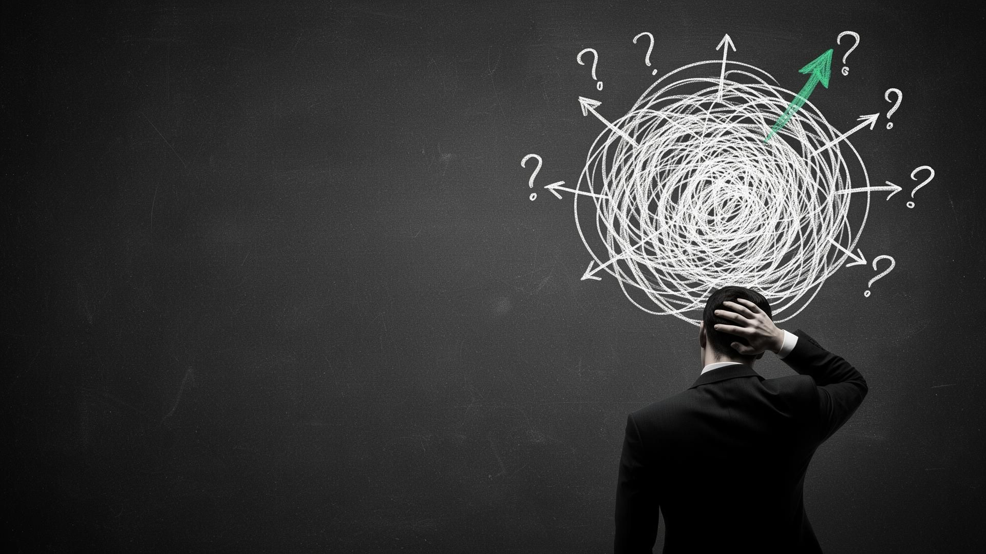A tangled chalk scribble on a dark chalkboard with arrows resolving outward, a contemplative businessman beneath